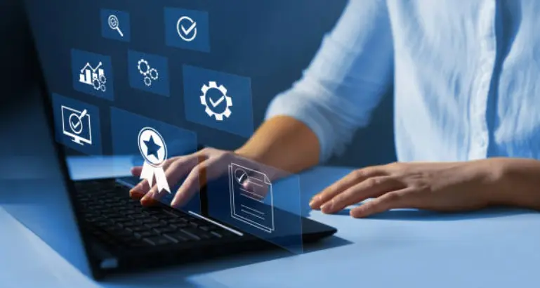 A woman working on a laptop to identify opportunities and provide insights with proficiency for business growth.